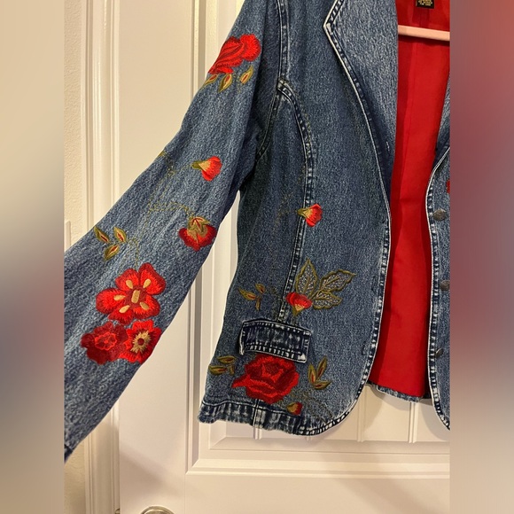 Vintage Embroidered Jean Jacket Mirasol Size XL Rose Floral Soft Stretch Denim - Picture 5 of 9